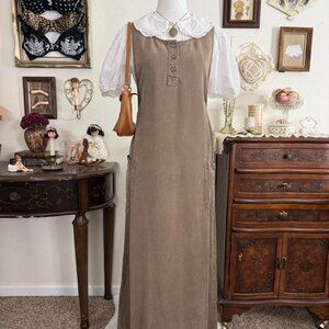 Vintage 90’s whimsical tan colored pinafore maxi dress